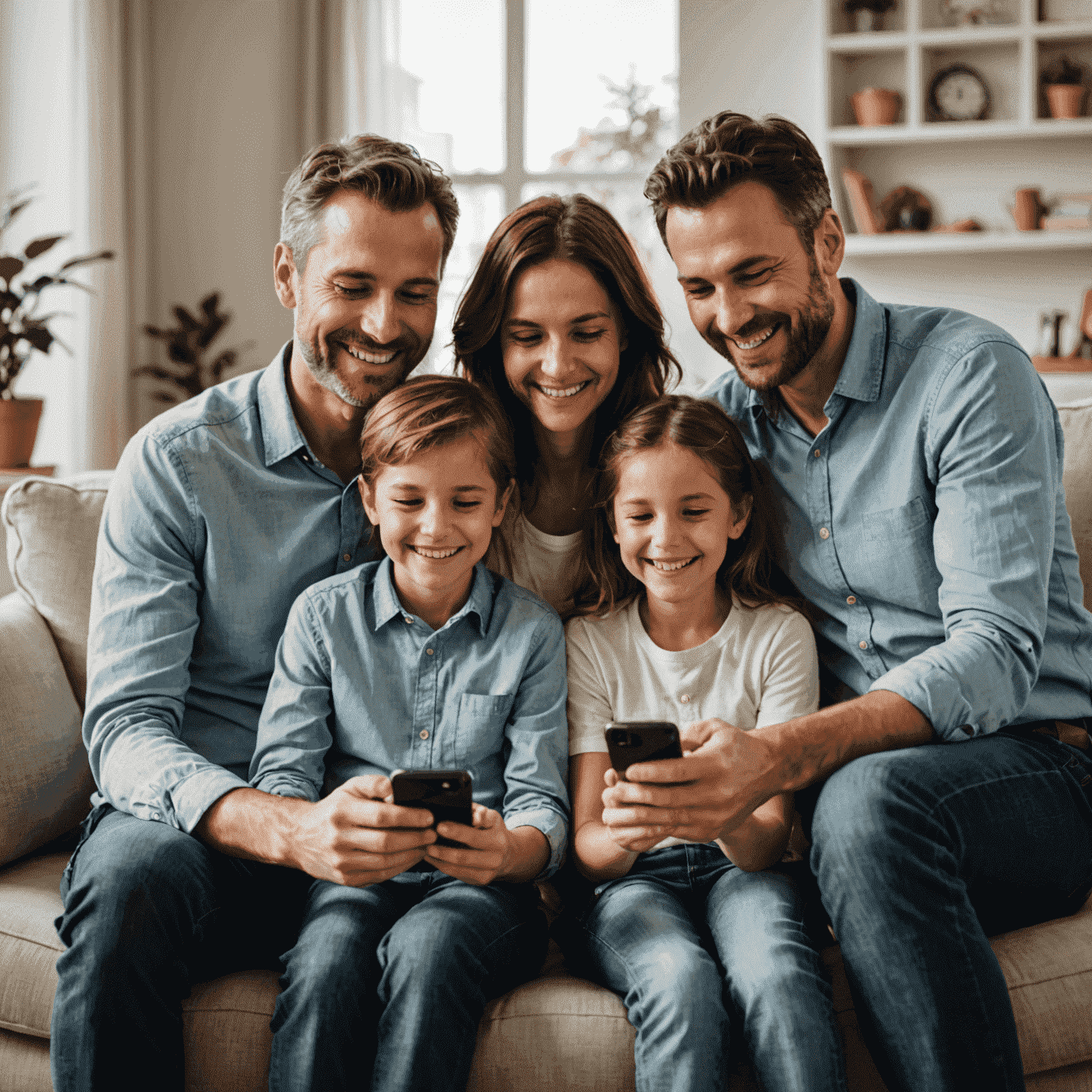 صورة لعائلة سعيدة تجلس معًا على أريكة، يستخدم كل فرد هاتفه الذكي. تظهر على وجوههم ابتسامات واسعة تعكس رضاهم عن خدمة الاتصالات.