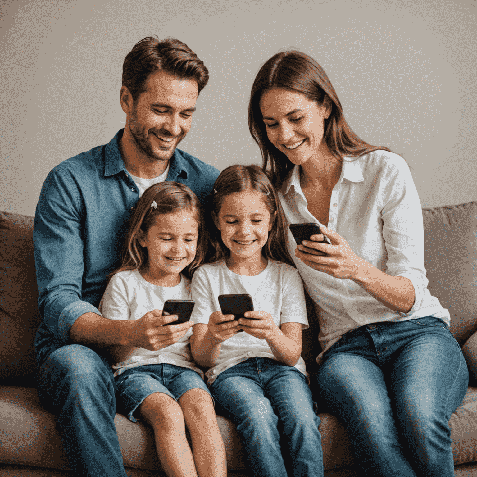 صورة لعائلة سعيدة تستخدم هواتفها المحمولة معًا، تمثل خطط العائلة