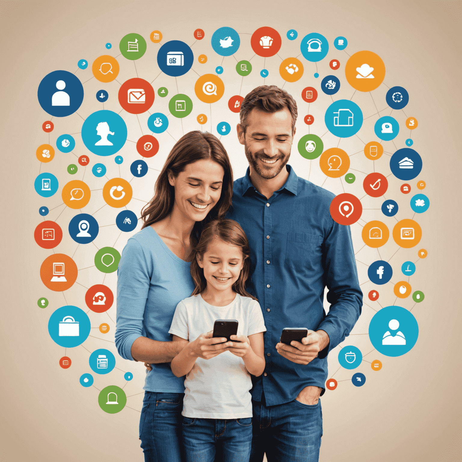صورة توضيحية لعائلة سعيدة تستخدم هواتفها الذكية معًا، مع رموز تمثل مزايا الخطة العائلية