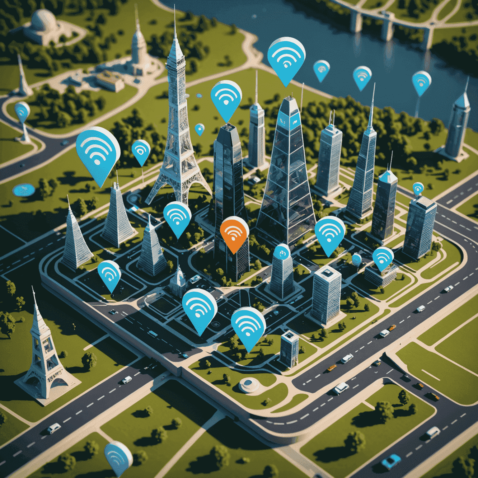 خريطة تظهر تغطية شبكة 5G مع رموز الأبراج والهواتف الذكية